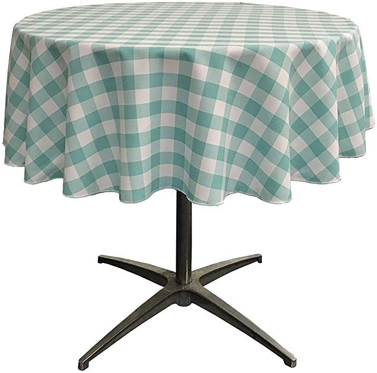 Polyester Poplin Checkered Gingham Plaid Round Tablecloth (White & Aqua,