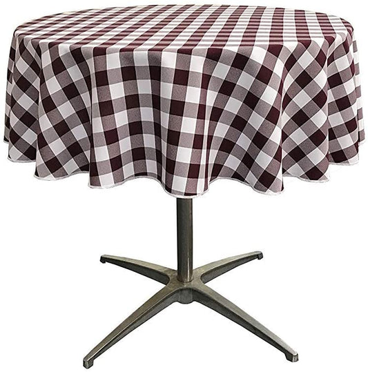 Polyester Poplin Checkered Gingham Plaid Round Tablecloth (White & Burgundy,