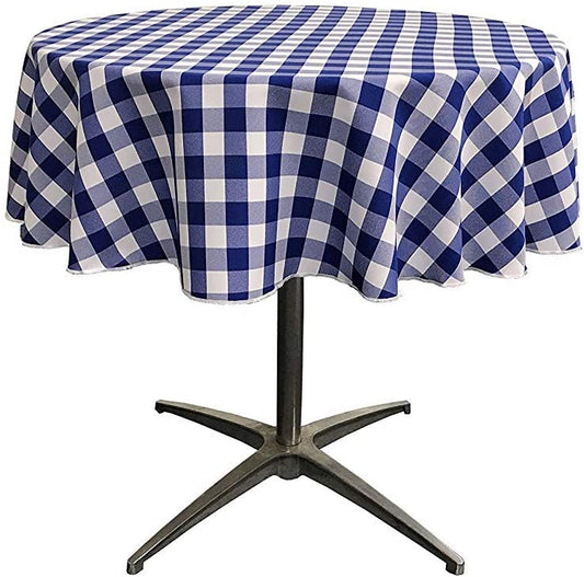 Polyester Poplin Checkered Gingham Plaid Round Tablecloth (White & Royal