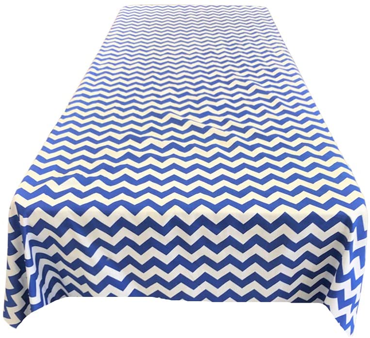 Chevron / Zig Zag Print Poly Cotton Tablecloth (White & Royal Blue,