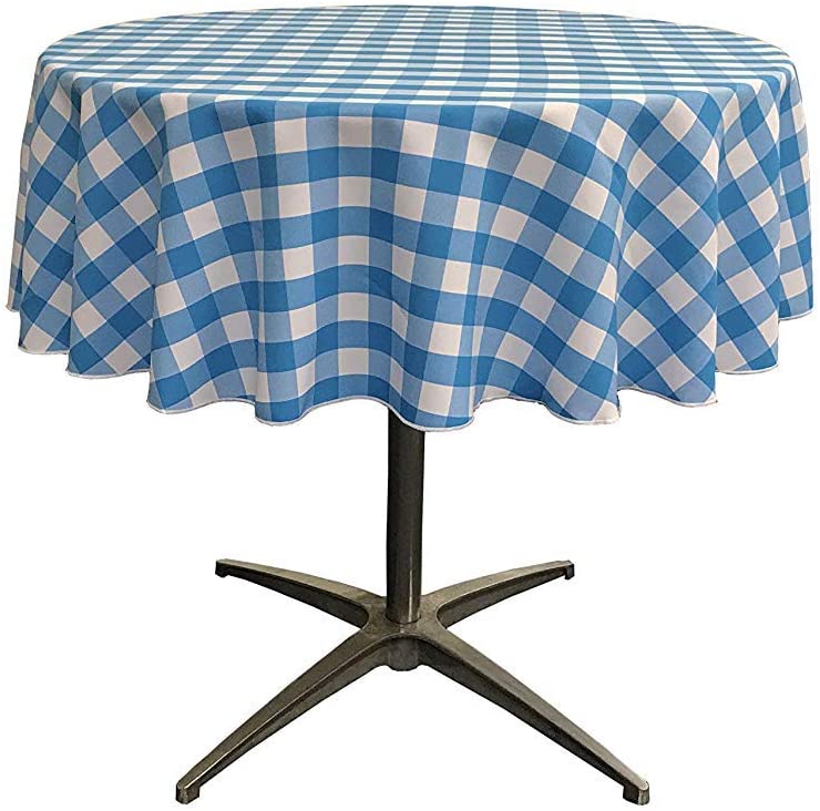 Polyester Poplin Checkered Gingham Plaid Round Tablecloth (White & Turquoise