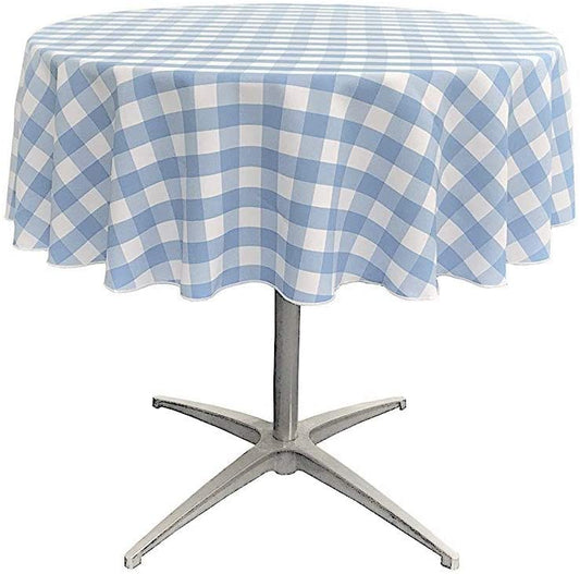 Polyester Poplin Checkered Gingham Plaid Round Tablecloth (White & Light Blue,