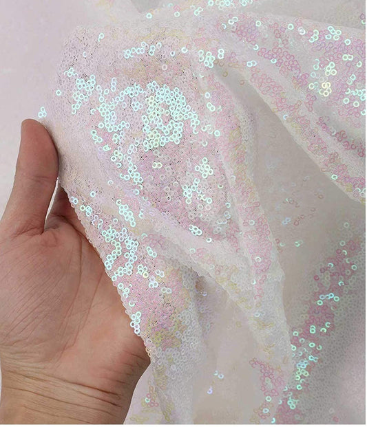 50" Wide Mini Glitz Disc Sequins Fabric (White & Pink Iridescent, 1 Yard)