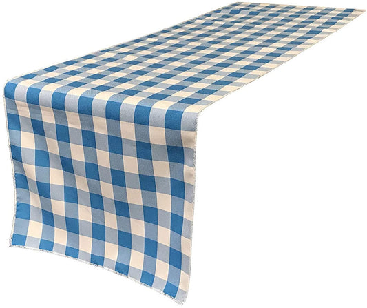 12" Wide by The Size of Your Choice, Polyester Poplin Gingham, Checkered, Plaid Table Runner (White & Turquoise,