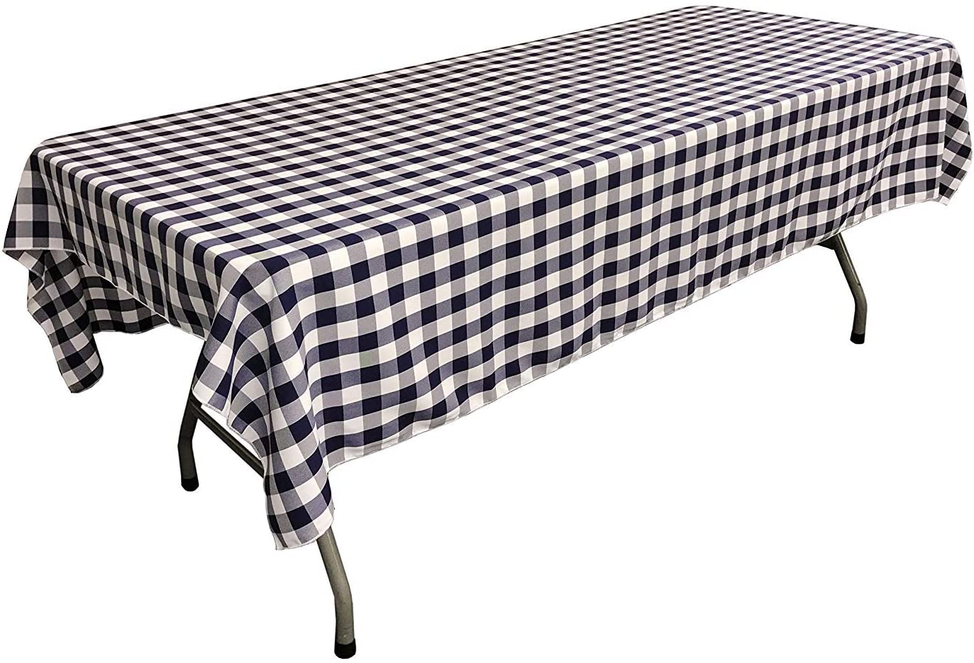 Polyester Poplin Gingham Checkered Rectangular Tablecloth (White & Navy Blue,