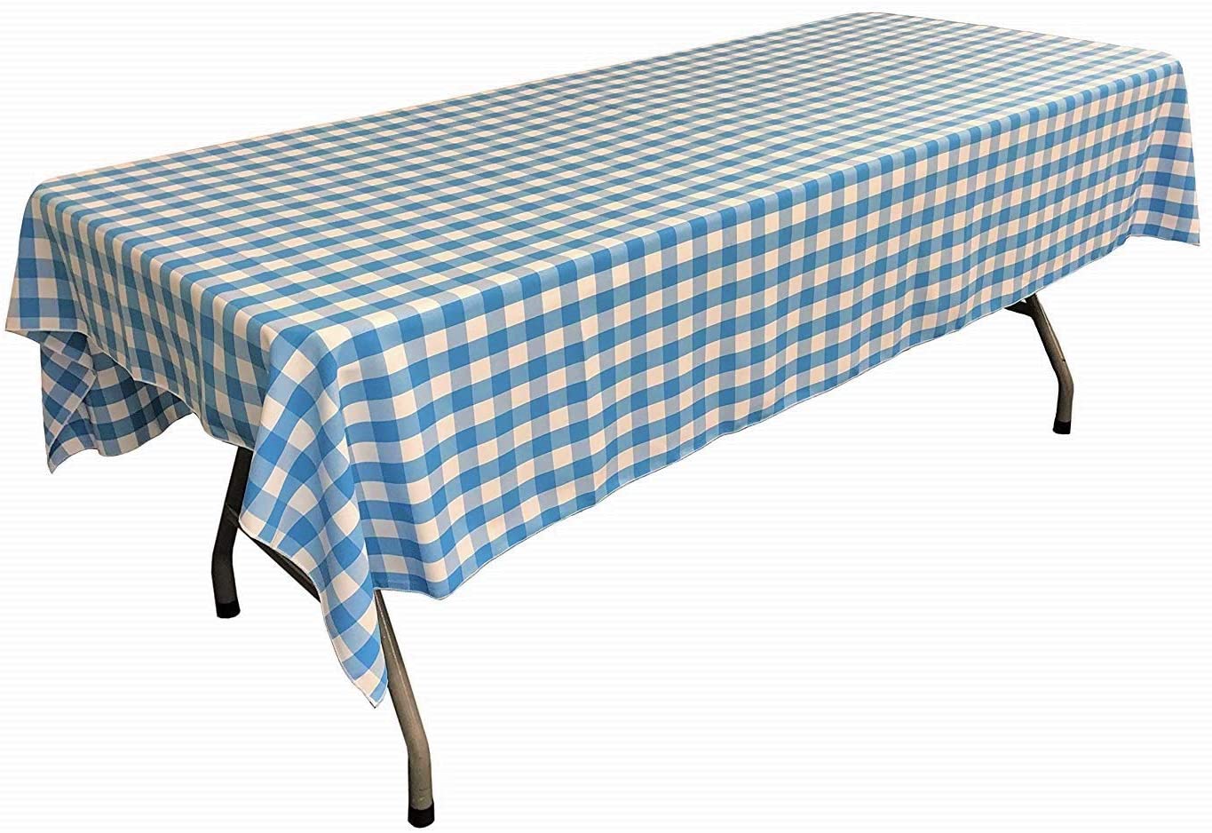 Polyester Poplin Gingham Checkered Rectangular Tablecloth (White & Turquoise,