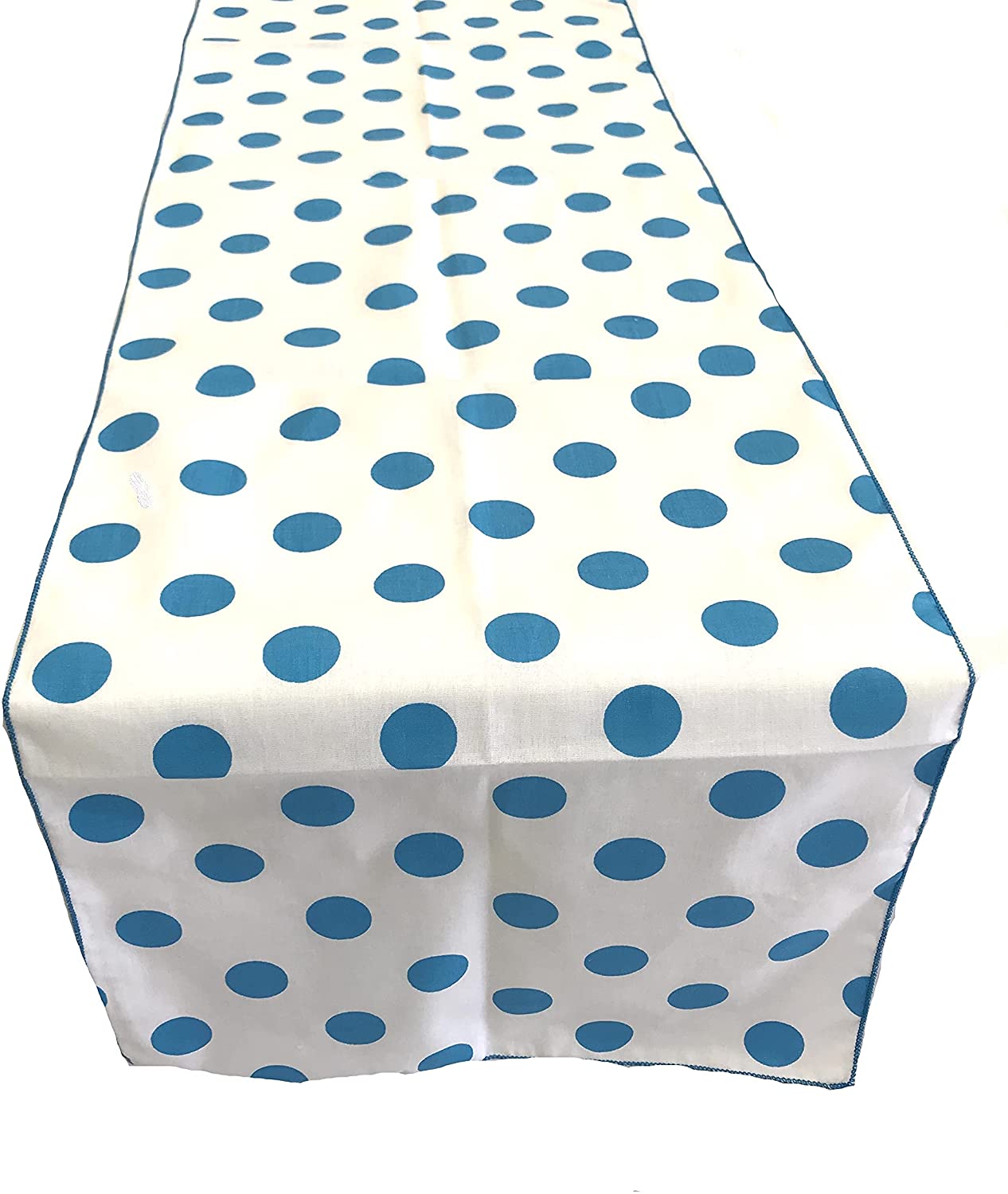 Polka Dot Print Poly Cotton Table Runner (Turquoise Dot on White,