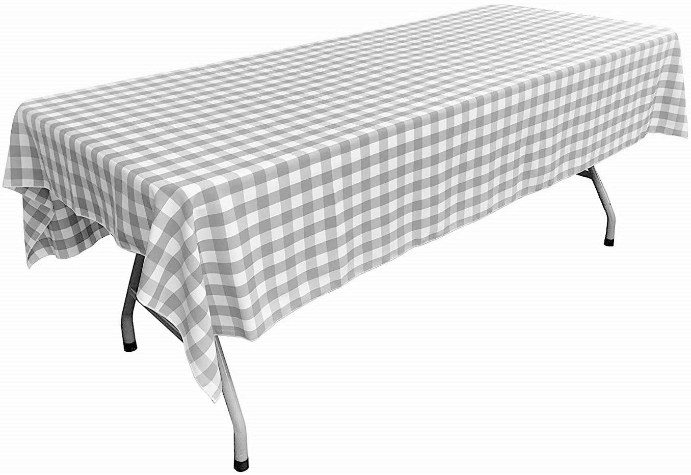 Polyester Poplin Gingham Checkered Rectangular Tablecloth (White & Silver,