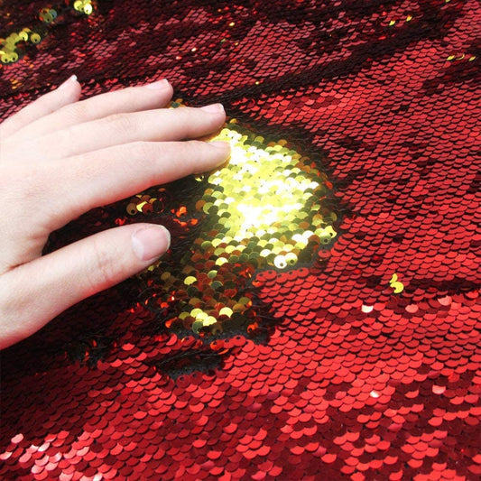 54" Wide Mermaid Flip Up Sequin Reversible Sparkly Fabric for Dress Clothing Making, Home Decor (Red & Gold, by The Yard)