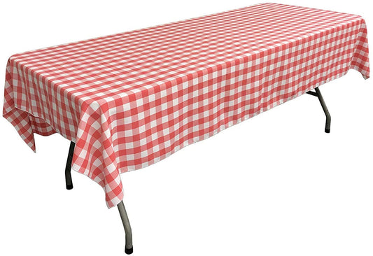 Polyester Poplin Gingham Checkered Rectangular Tablecloth (White & Coral,