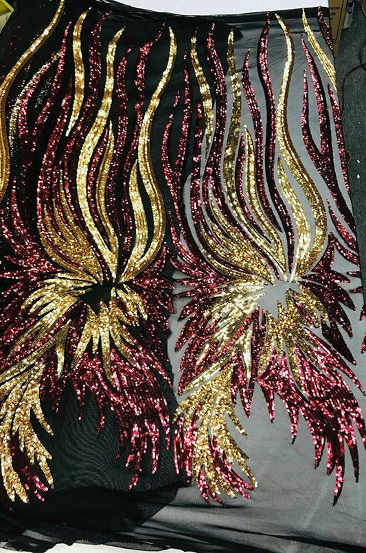 ANGEL WINGS SEQUIN DESIGN ON A 4 WAY STRETCH MESH-PROM-NIGHTGOWN-BY YARD. (ANGEL WINGS By the Yard GOLD-BURGUNDY-BLACK