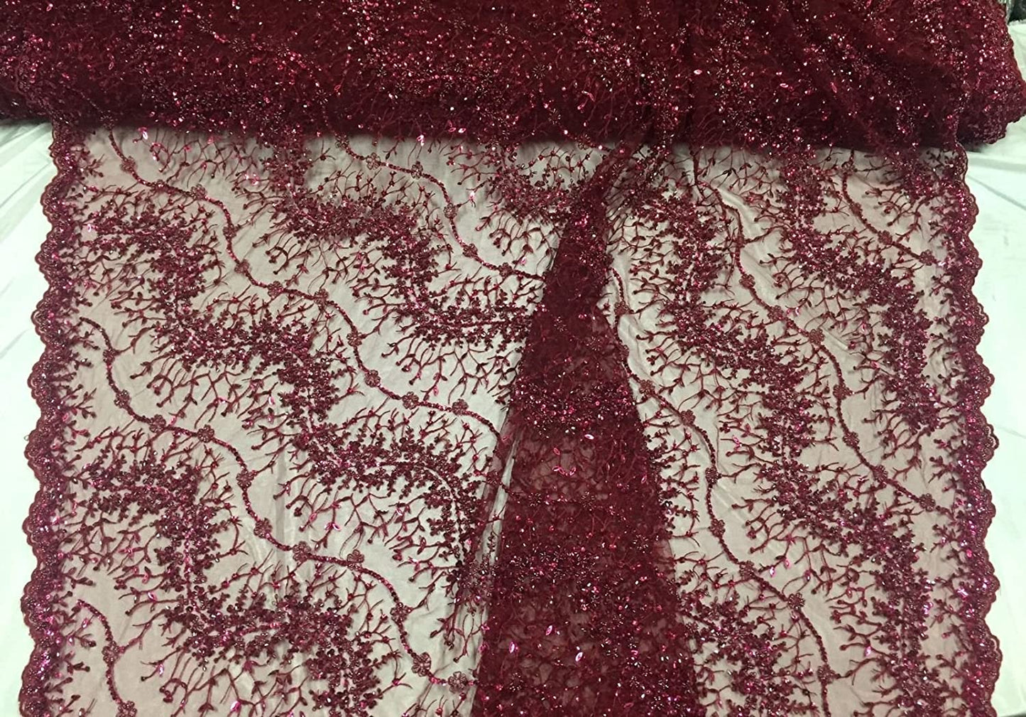 Burgundy French Beaded Design Embroider On A Mesh-Prom-nightgown-sold By Yard.