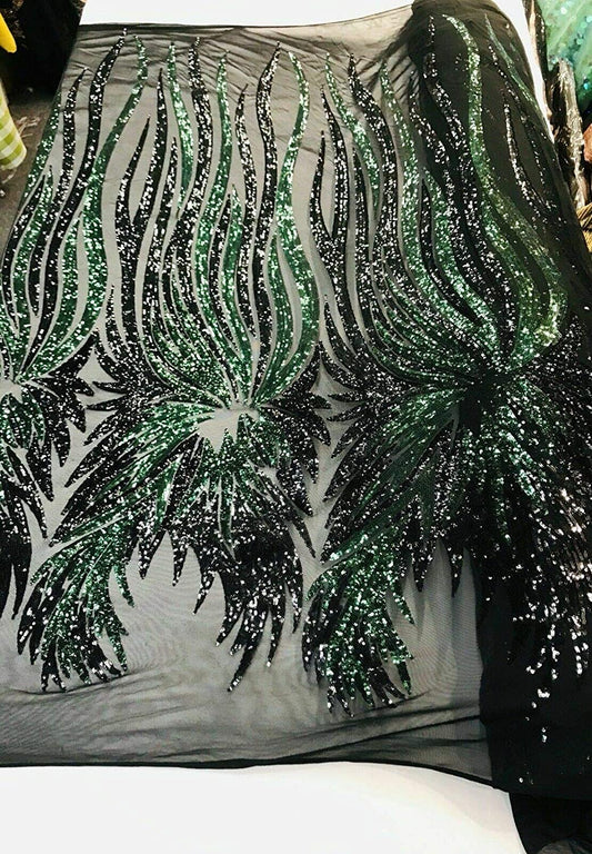 ANGEL WINGS SEQUIN DESIGN ON A 4 WAY STRETCH MESH-PROM-NIGHTGOWN-BY YARD. (ANGEL WINGS By the Yard HUNTER GREEN-BLACK)