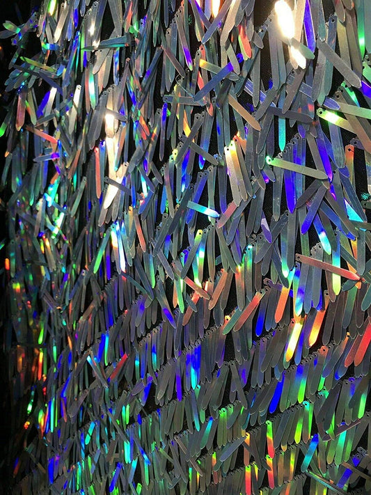 Swords Design Iridescent Sequins Burning Man Costume Craft Fabric by The Yard. (50-52 INCHES Iridescent Sequins by The Yard Silver Iridescent/Black MESH)
