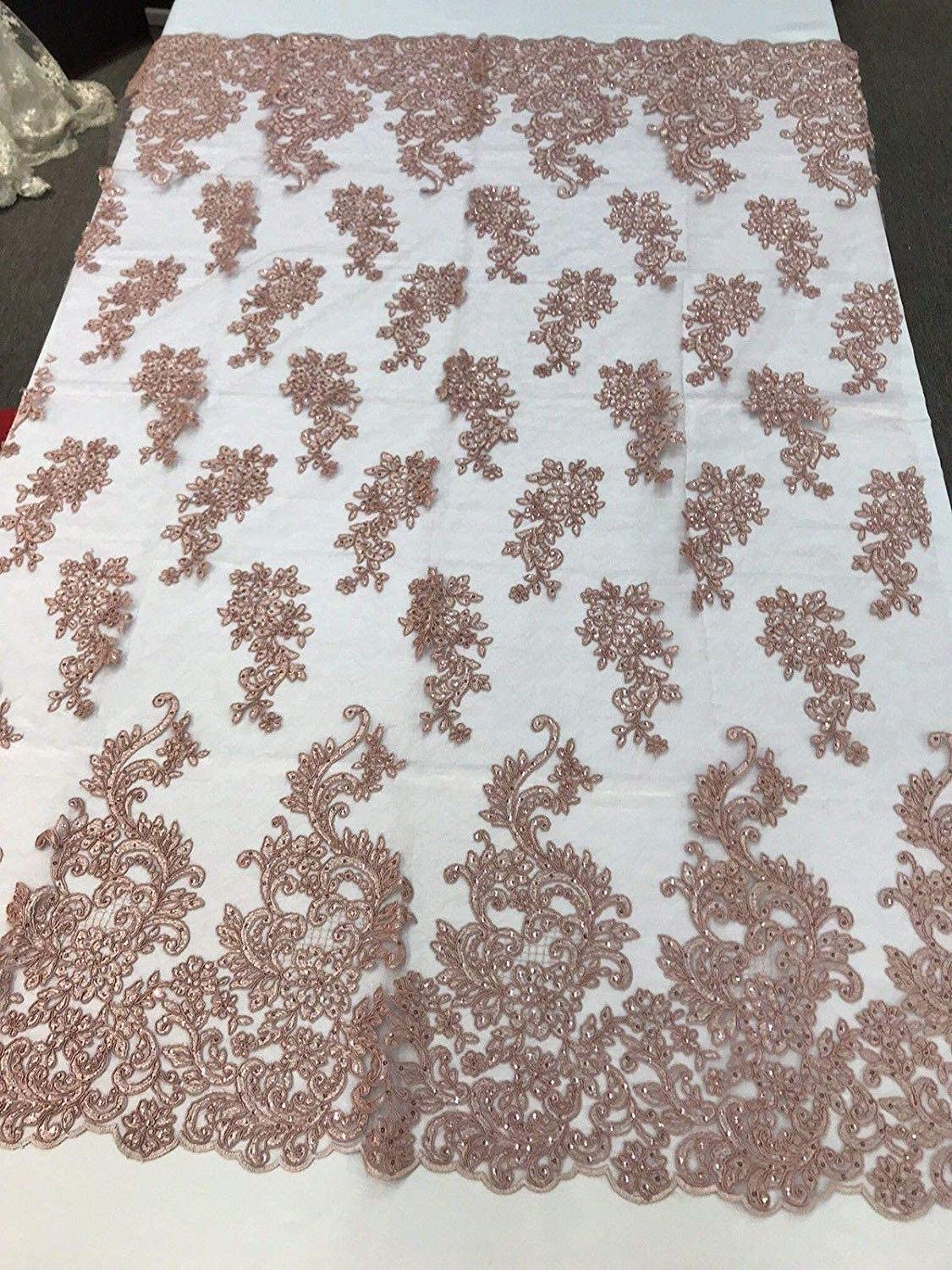 Sequins Lace With Cord Embroidery Flower on Mesh Fabric Texture By The Yard. (Dusty Rose)