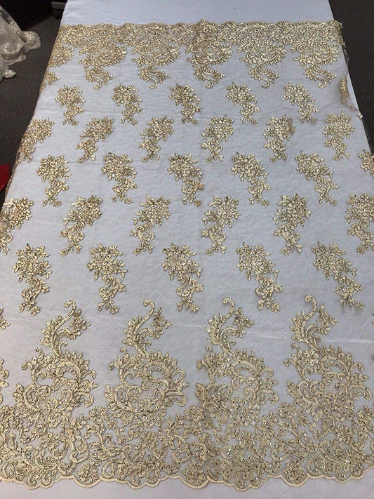 Sequins Lace With Cord Embroidery Flower on Mesh Fabric Texture By The Yard. (Light Gold Metallic)