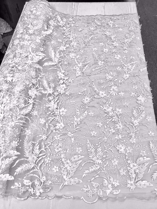 WHITE 3D FLORAL WITH VINES AND PEARLS ON A MESH LACE-SOLD BY YARD. NEW DESIGN