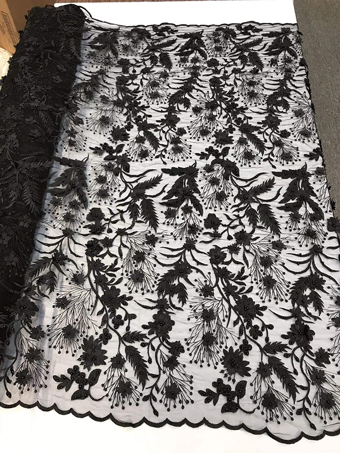 BLACK 3D FLORAL WITH VINES AND PEARLS ON A MESH LACE-SOLD BY YARD. NEW DESIGN