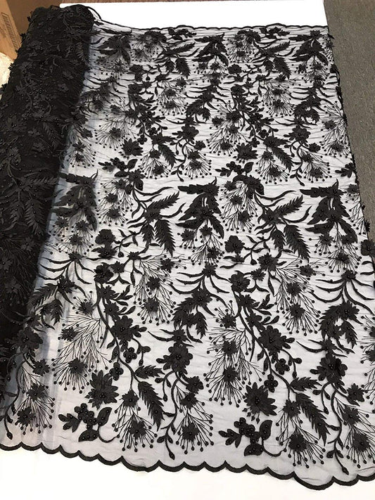 BLACK 3D FLORAL WITH VINES AND PEARLS ON A MESH LACE-SOLD BY YARD. NEW DESIGN