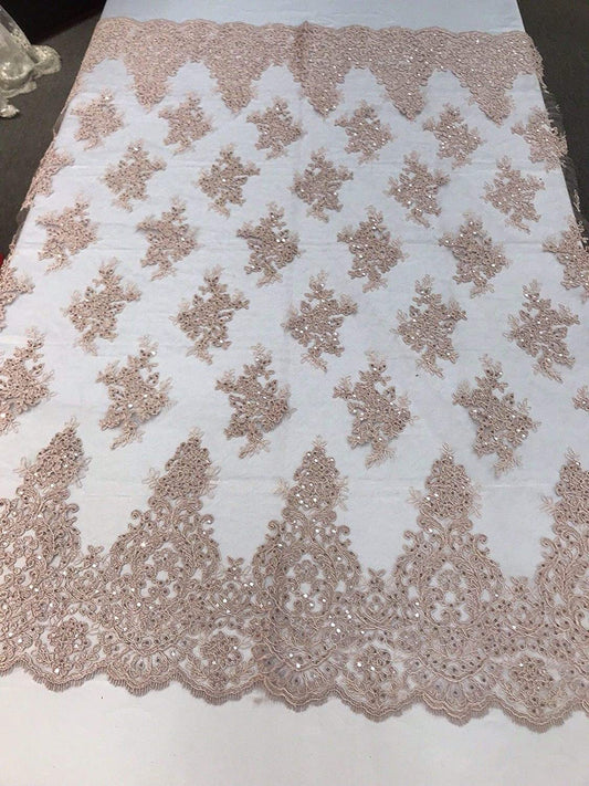 BLUSH PINK DAMASK LACE EMBROIDERY ON A TEXTURE MESH-BY YARD.