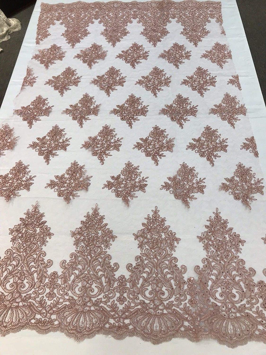 DUSTY ROSE DAMASK LACE EMBROIDERY ON A TEXTURE MESH-BY YARD.