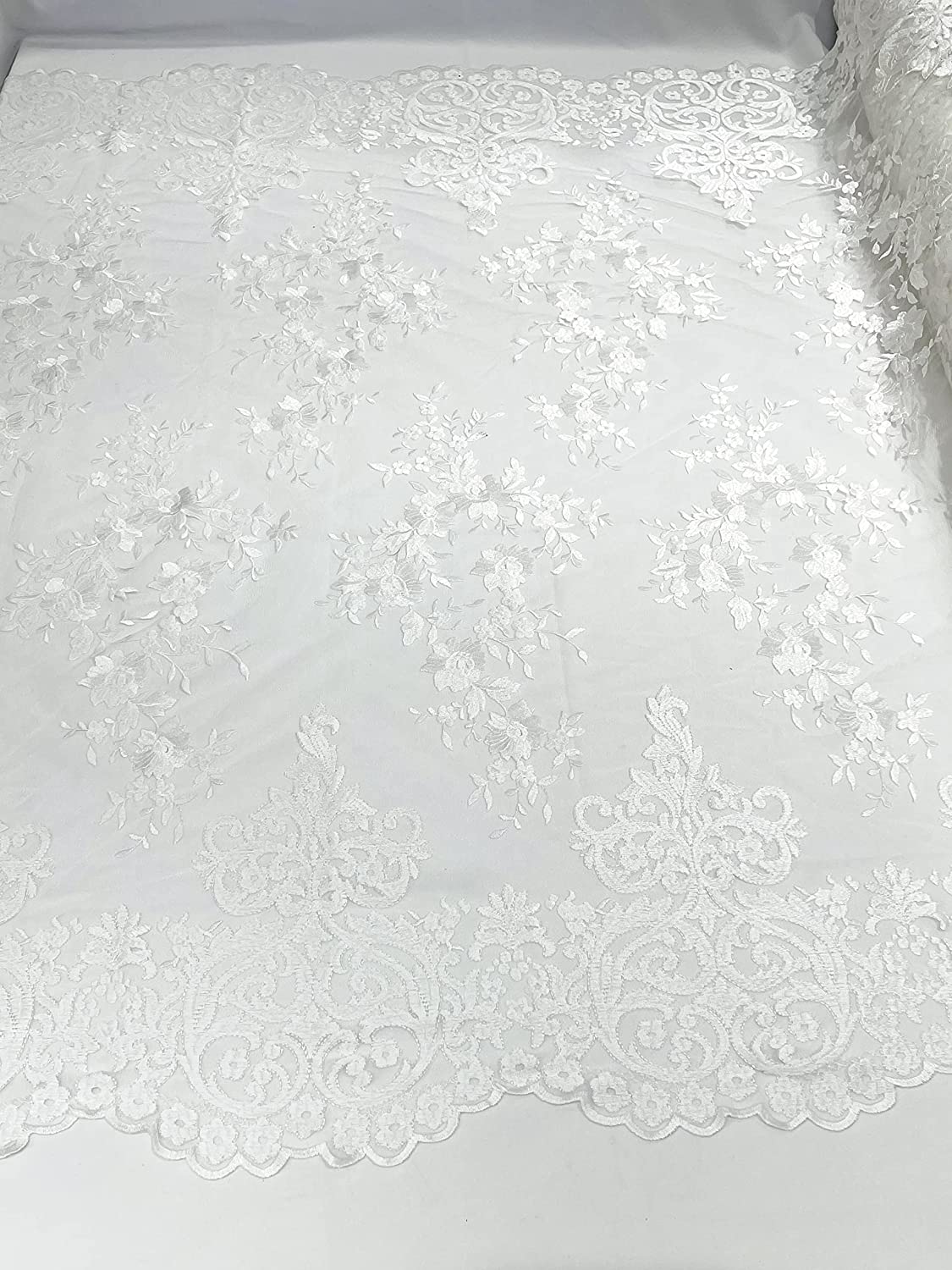 54" Wide Elegant Flower Damask Flat Lace Embroidery On A Mesh (1 Yard, Ivory)