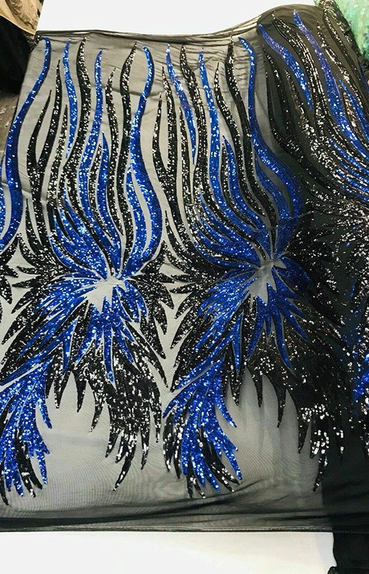 ANGEL WINGS SEQUIN DESIGN ON A 4 WAY STRETCH MESH-PROM-NIGHTGOWN-BY YARD. (ANGEL WINGS By the Yard ROYAL BLUE-BLACK)