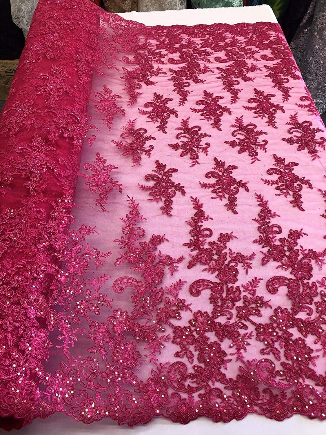 FUCHSIA FLORAL DESIGN EMBROIDERY WITH IRIDESCENT SEQUIN ON A MESH-SOLD BY YARD