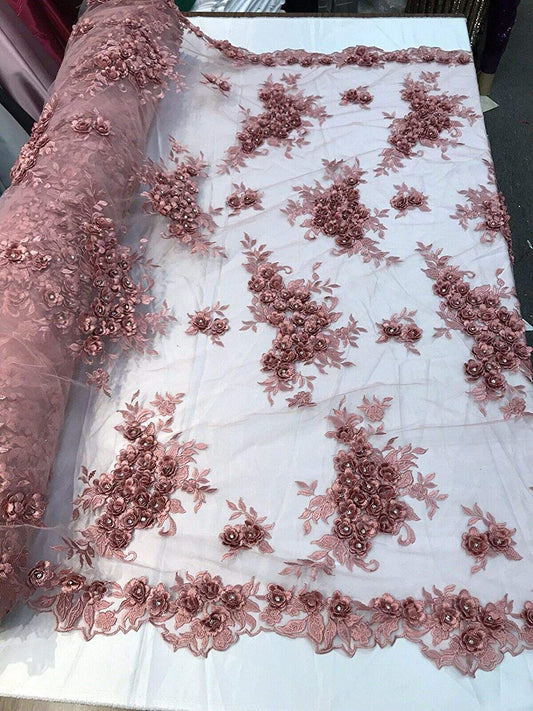 DUSTY ROSE 3D FLORAL DESIGN EMBROIDERY AND BEADED WITH RHINESTONES ON MESH LACE