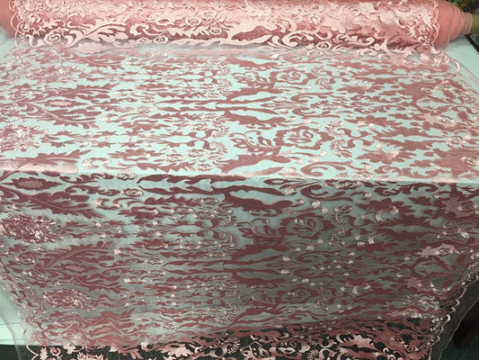 Pink Damask Design Embroider On A 2 Way Stretch Mesh Lace Fabric-prom-by yard.