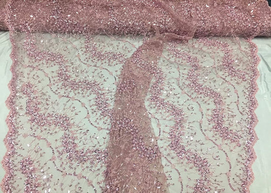 Dusty Pink French Beaded Design Embroider On A Mesh-Prom-nightgown-sold By Yard.