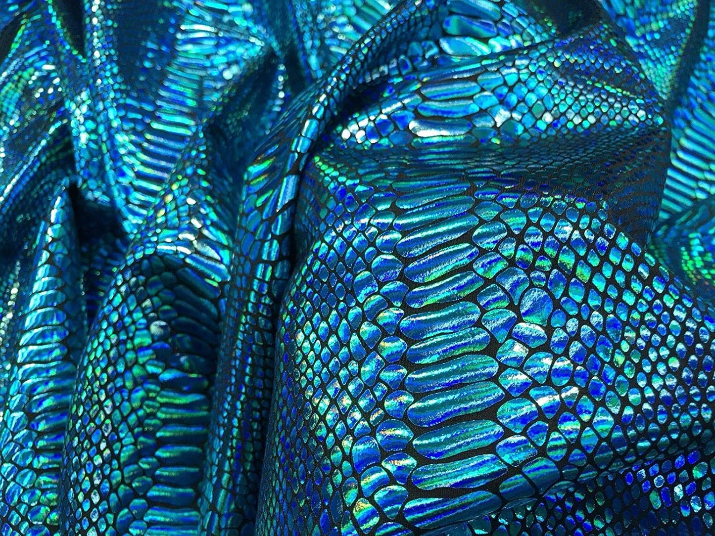 Iridescent Snake Skin Print On A Nylon 2 Way Stretch Spandex Fabric BY The Yard. (Turquoise on Black)