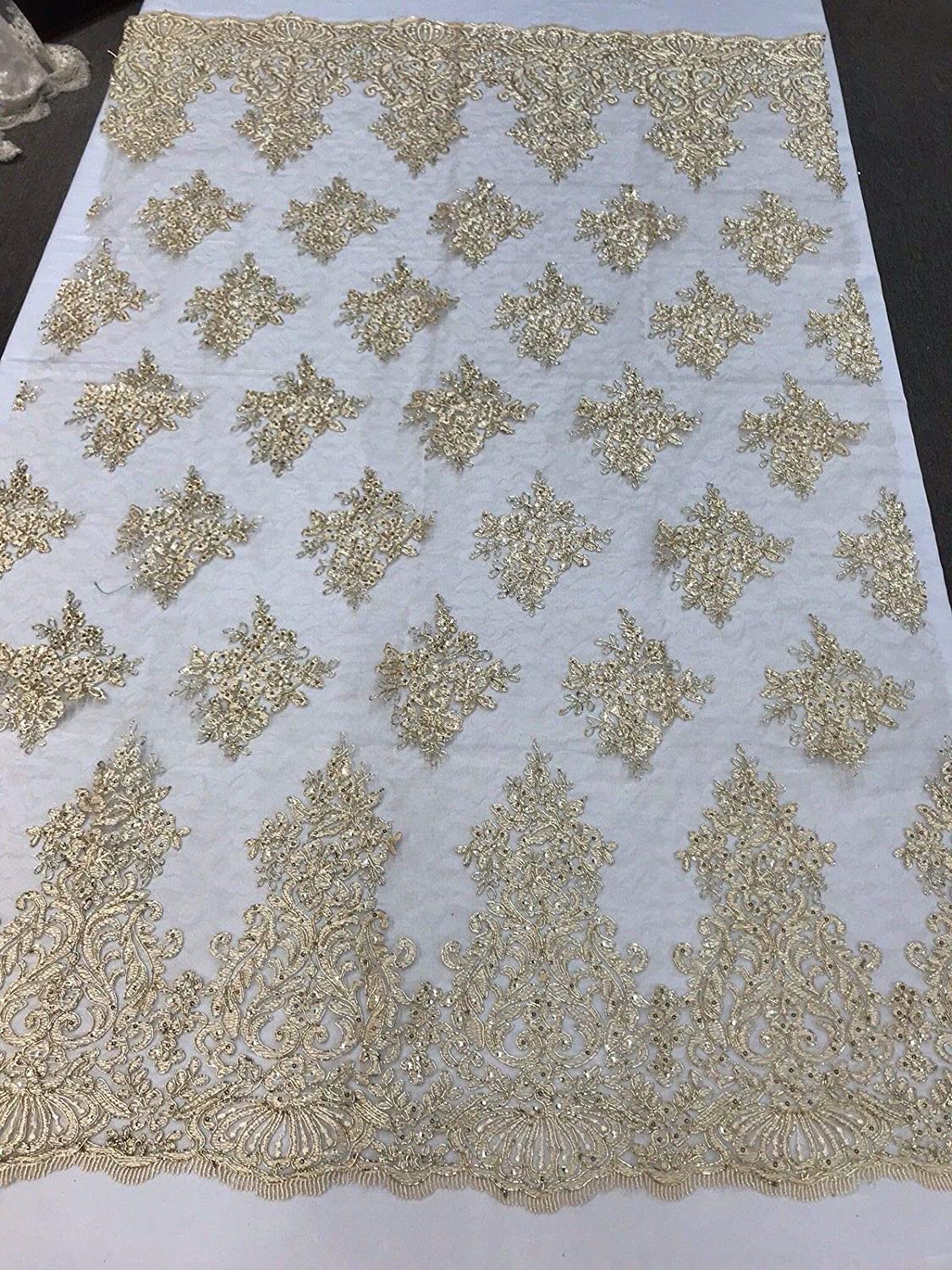 LT-GOLD METALLIC DAMASK LACE EMBROIDERY ON A TEXTURE MESH-BY YARD.