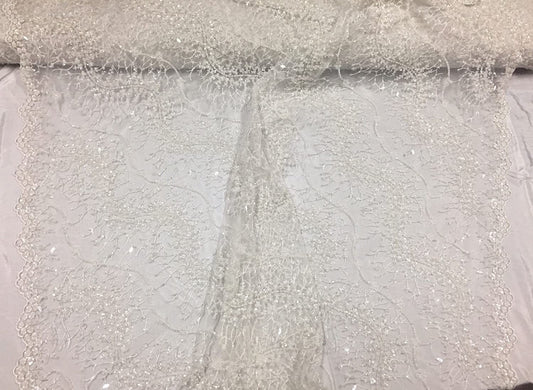 Ivory French Beaded Design Embroider On A Mesh-Prom-nightgown-sold By Yard.