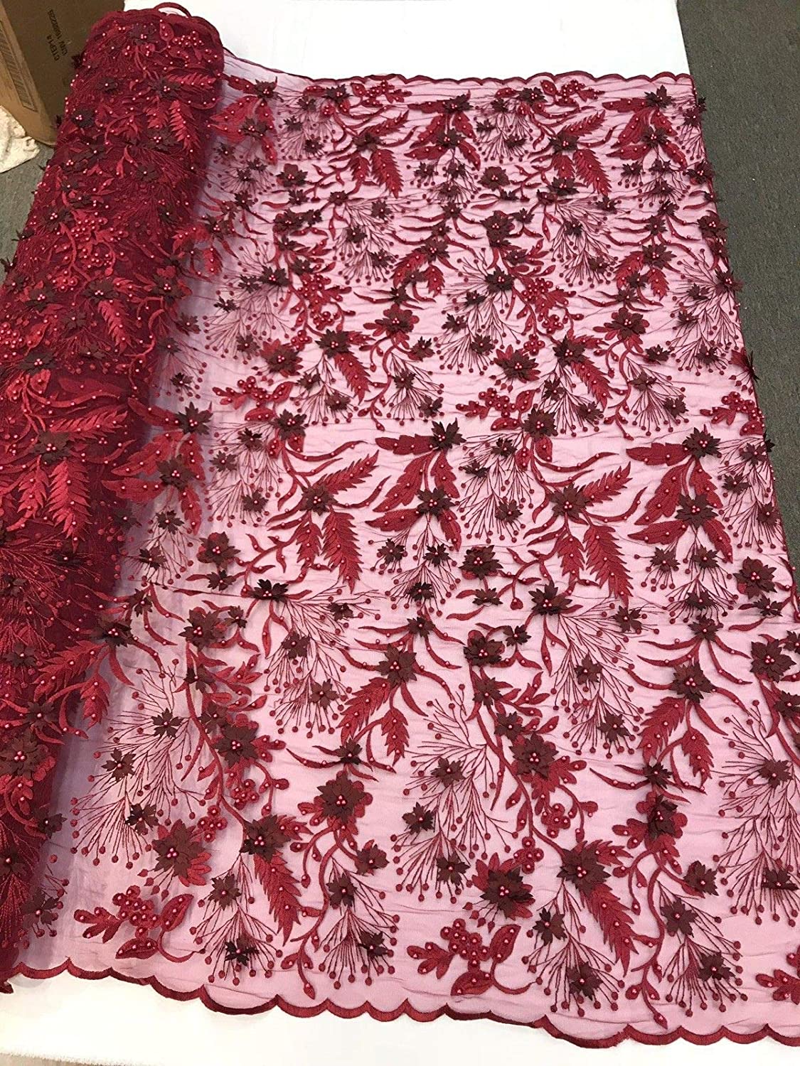 BURGUNDY 3D FLORAL WITH VINES AND PEARLS ON A MESH LACE-SOLD BY YARD. NEW DESIGN