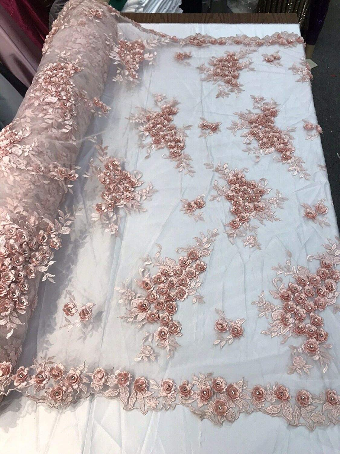 BLUSH PINK 3D FLORAL DESIGN EMBROIDERY AND BEADED WITH RHINESTONES ON MESH LACE
