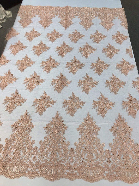 CORAL DAMASK LACE EMBROIDERY ON A TEXTURE MESH-BY YARD.