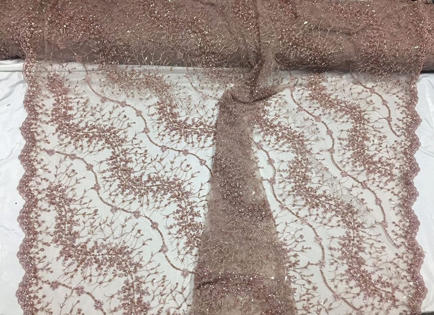 Taupe/pink French Beaded Design Embroider On A Mesh-Prom-nightgown-sold By Yard.