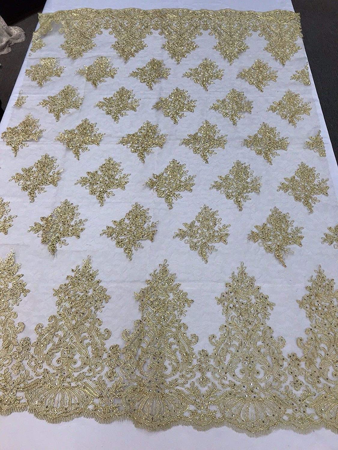 DK-GOLD METALLIC DAMASK LACE EMBROIDERY ON A TEXTURE MESH-BY YARD.