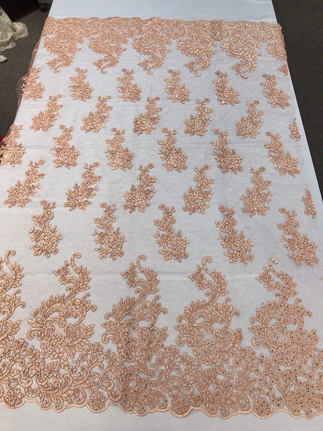 Sequins Lace With Cord Embroidery Flower on Mesh Fabric Texture By The Yard. (Coral)