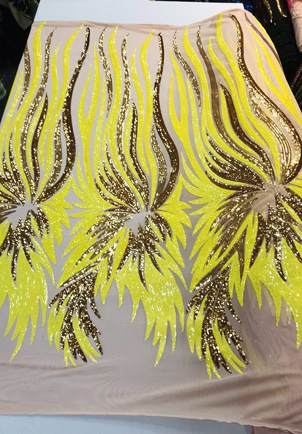 NEON YELLOW-GOLD ANGEL WINGS SEQUIN DESIGN ON A NUDE 4 WAY STRETCH MESH-BY YARD