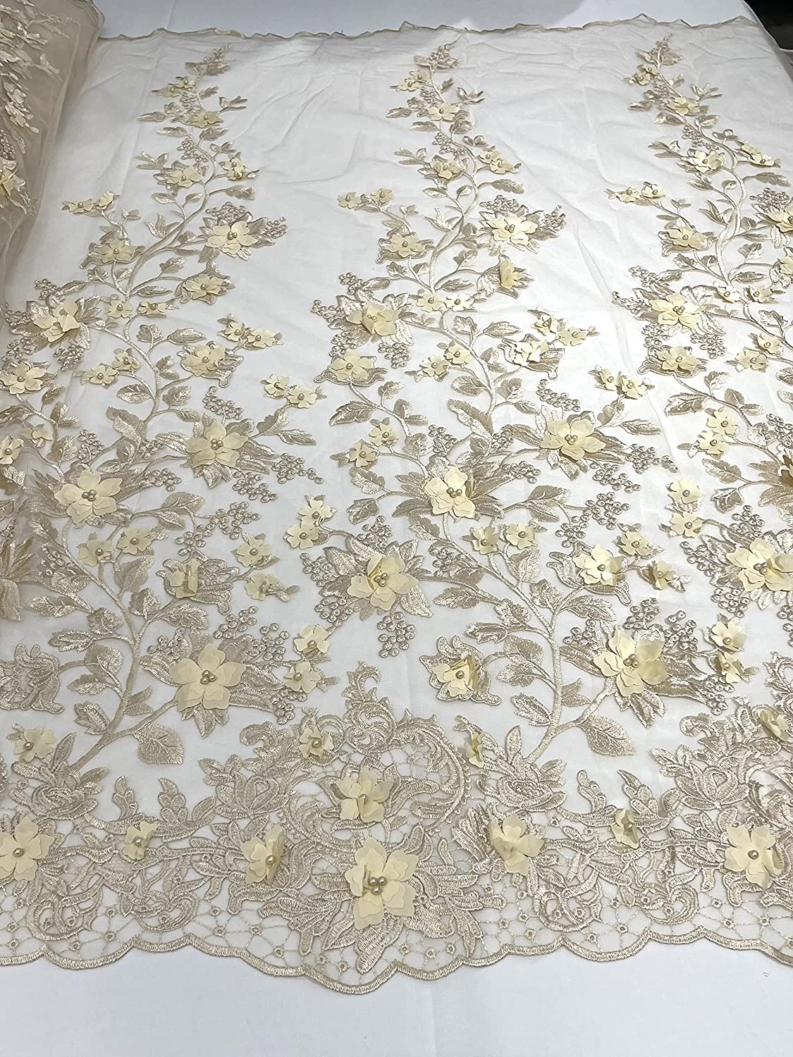 Emily 3-D Floral Design Embroider with Pearls On A Mesh Lace Fabric (1 Yard, Champagne)