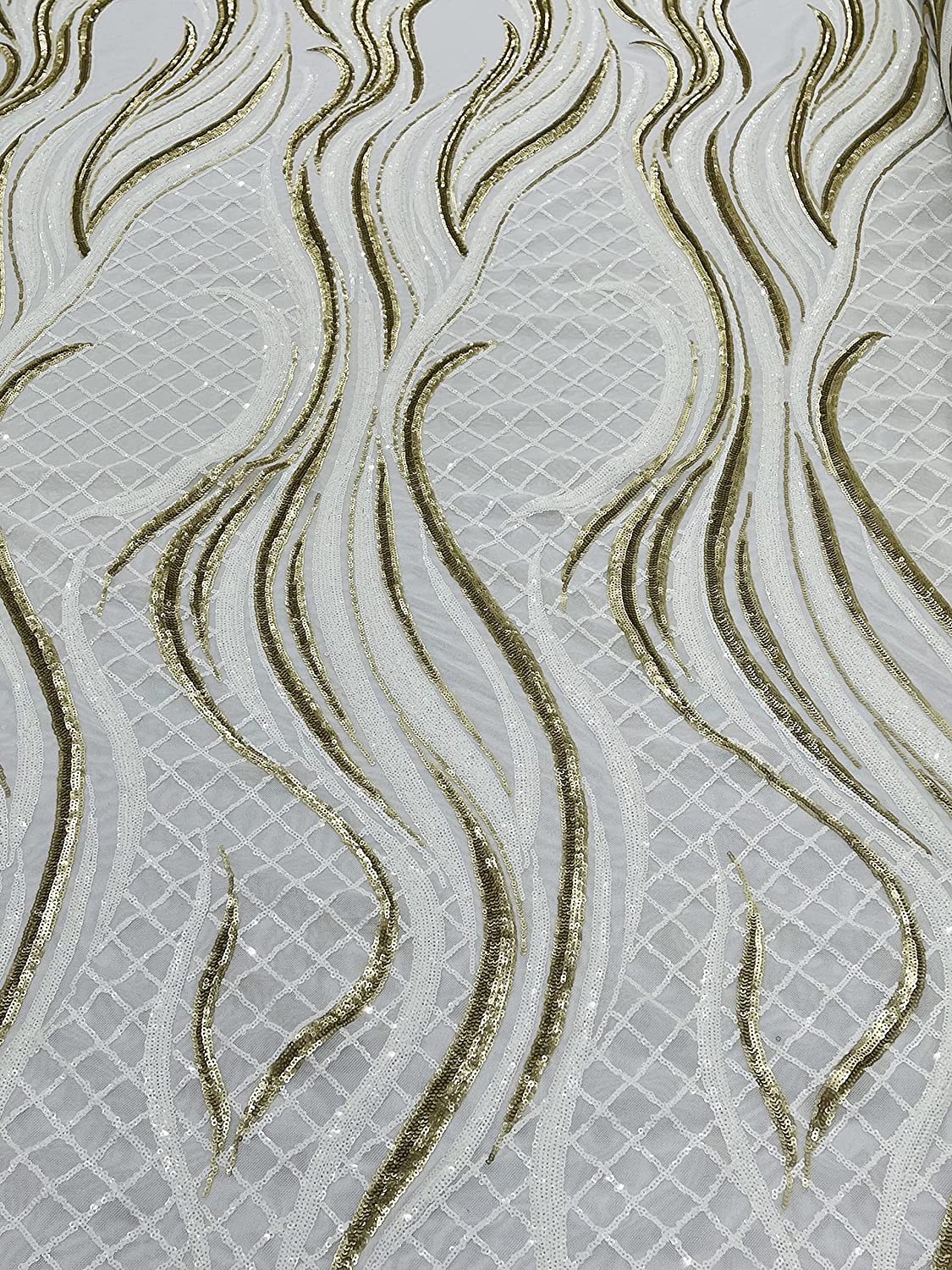 Sequin Flame Design On A 4 Way Stretch Mesh Fabric by The Yard (1 Yard, White/Matte Gold)