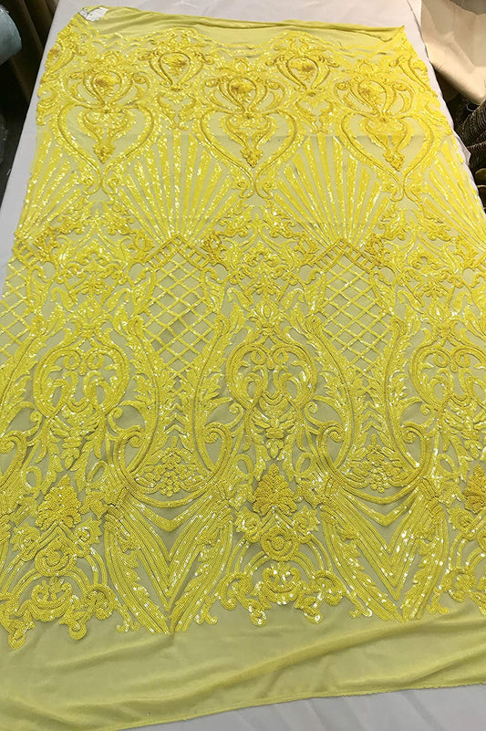 Damask Sequins Design on a 4 Way Stretch Mesh Fabric - for Night Gowns - Prom Dresses - (Yellow, 1 Yard)