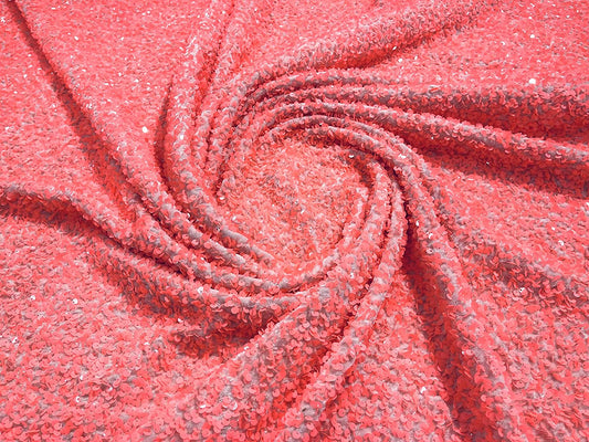 Shiny 5mm Sequin On A 2 Way Stretch Velvet (1 Yard, Coral Pink)
