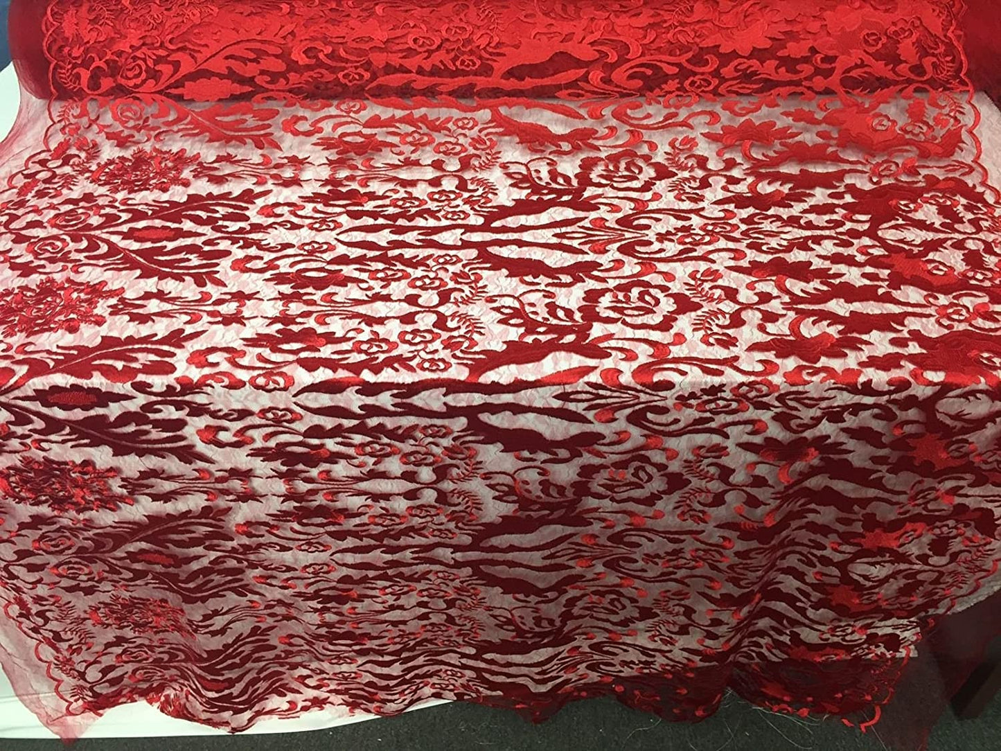 Red Damask Design Embroider On A 2 Way Stretch Mesh Lace Fabric-new-