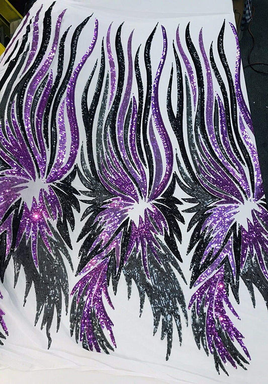 PURPLE -WHITE-BLACK ANGEL WINGS SEQUIN DESIGN ON A 4 WAY STRETCH MESH-BY YARD.