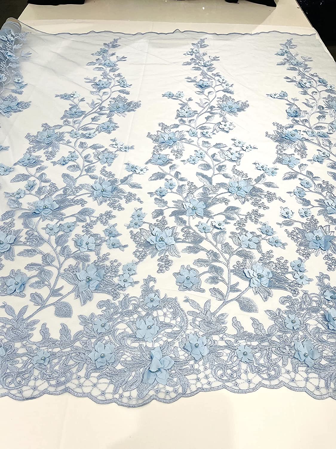 Emily 3-D Floral Design Embroider with Pearls On A Mesh Lace Fabric (1 Yard, Light Blue)