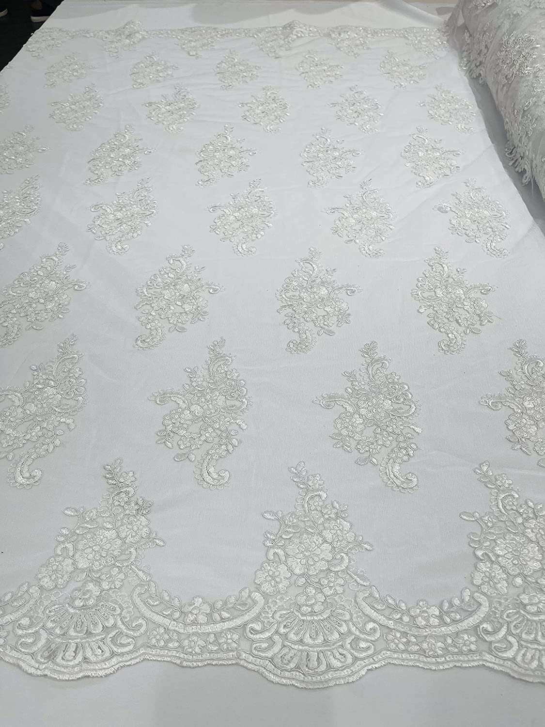 50" Wide New Floral Design Embroidery On A Mesh Lace with Sequins and Cord (1 Yard, White)