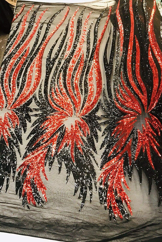 RED-BLACK ANGEL WINGS SEQUIN DESIGN ON A 4 WAY STRETCH MESH-BY YARD.